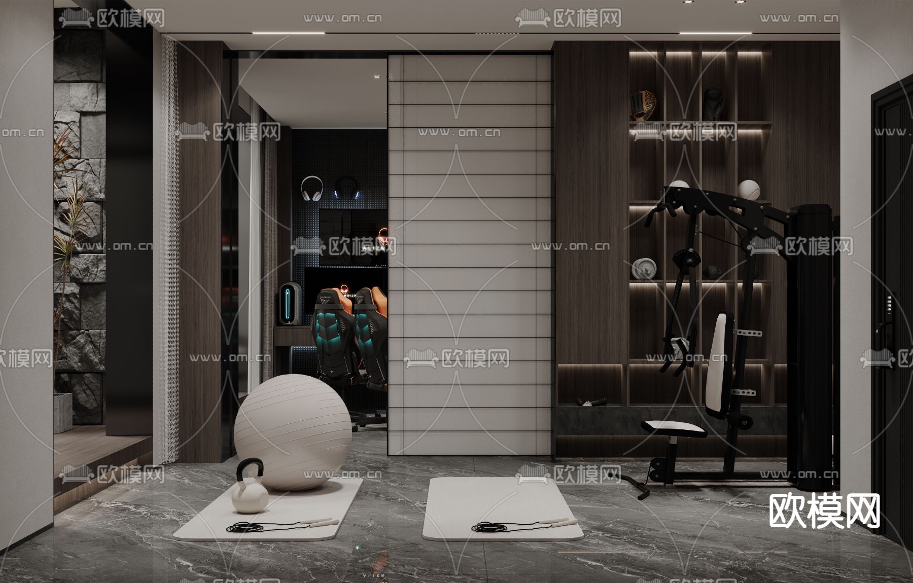 别墅地下室 健身房3d模型下载（渲染图1）