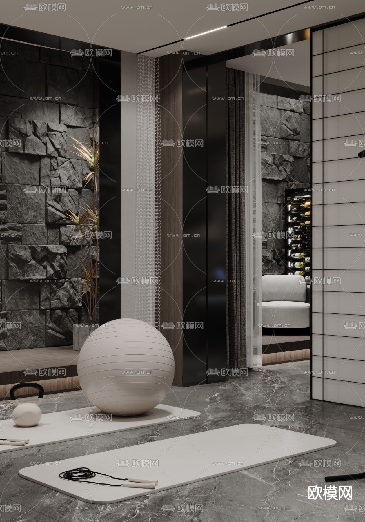 别墅地下室 健身房3d模型下载（渲染图3）