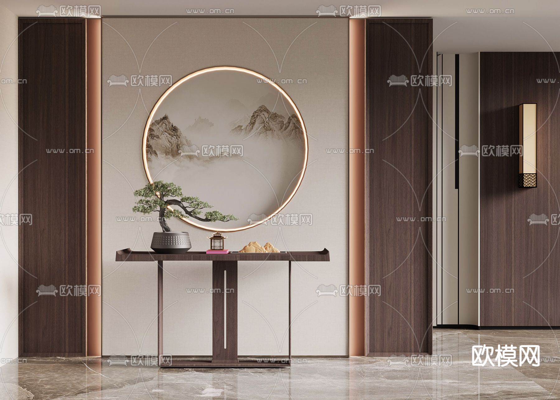 新中式端景台 条案 隔断墙 花格3d模型下载