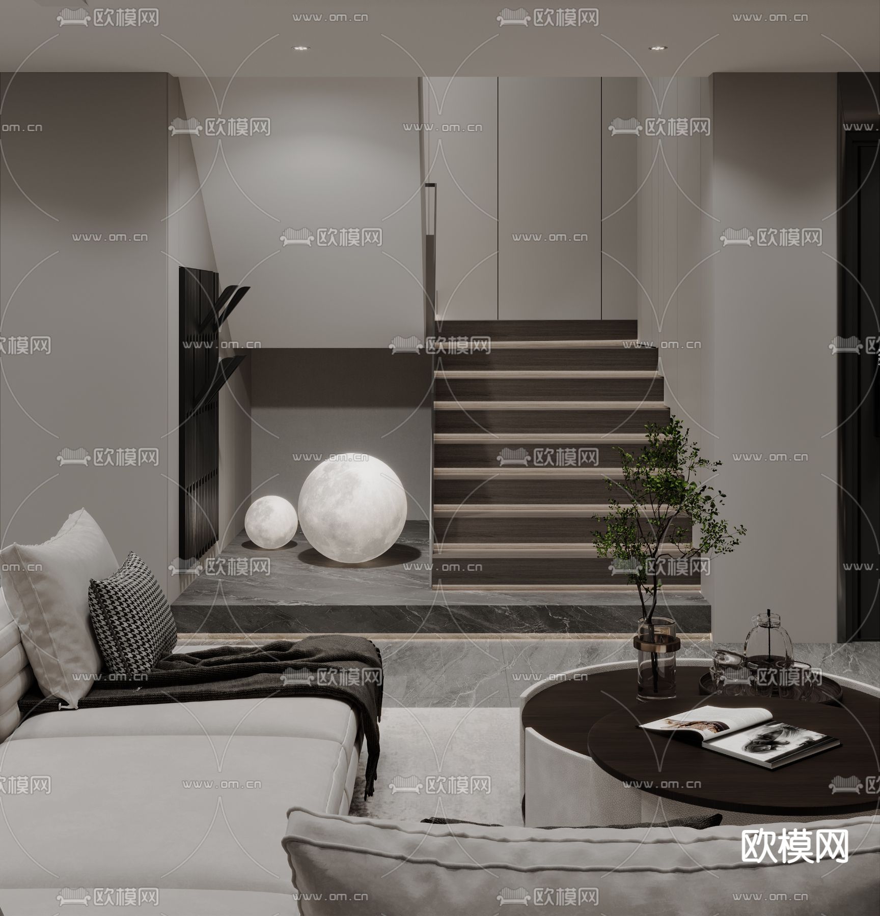 别墅客厅 高级灰别墅3d模型下载（渲染图4）