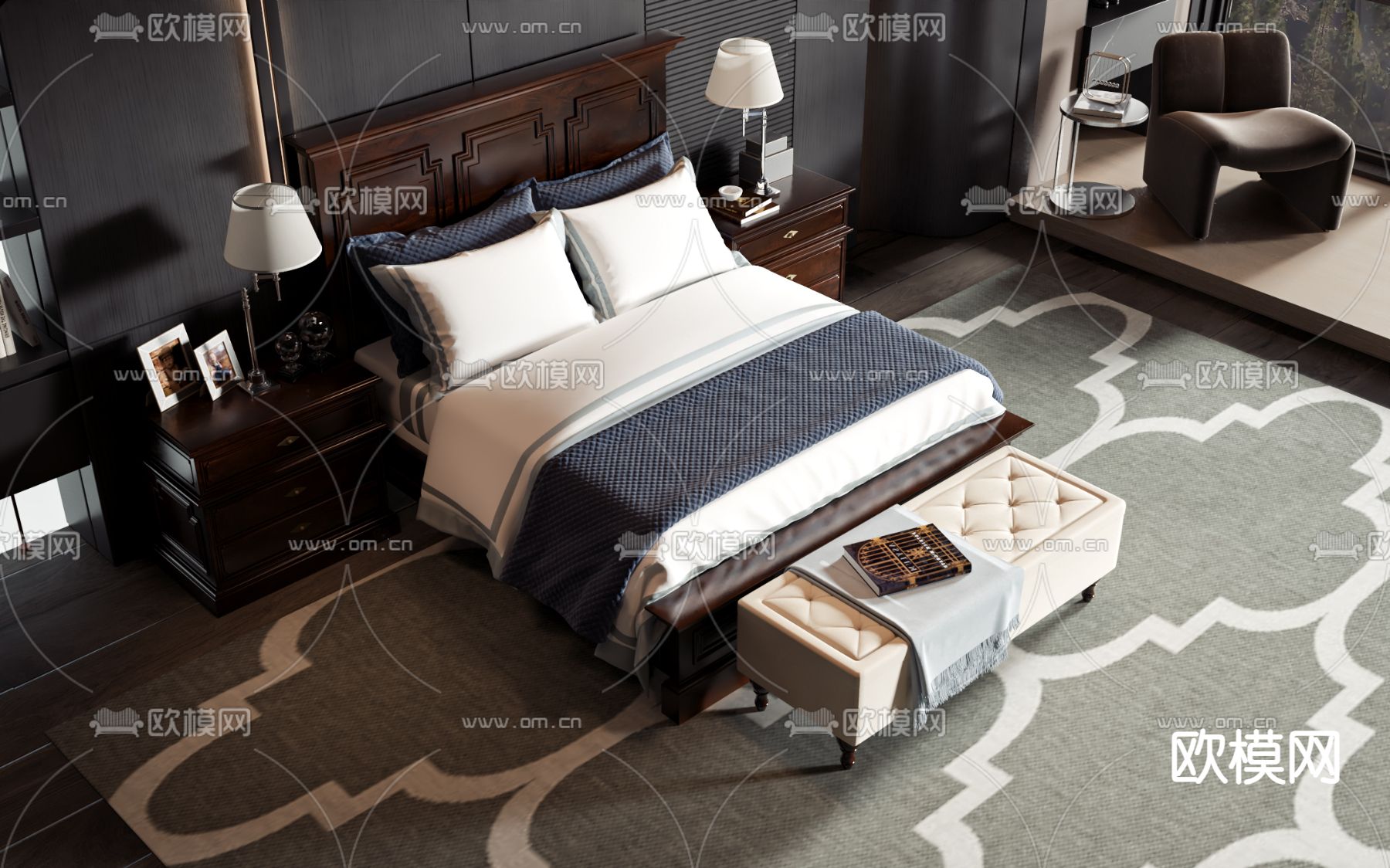 美式双人床3d模型下载