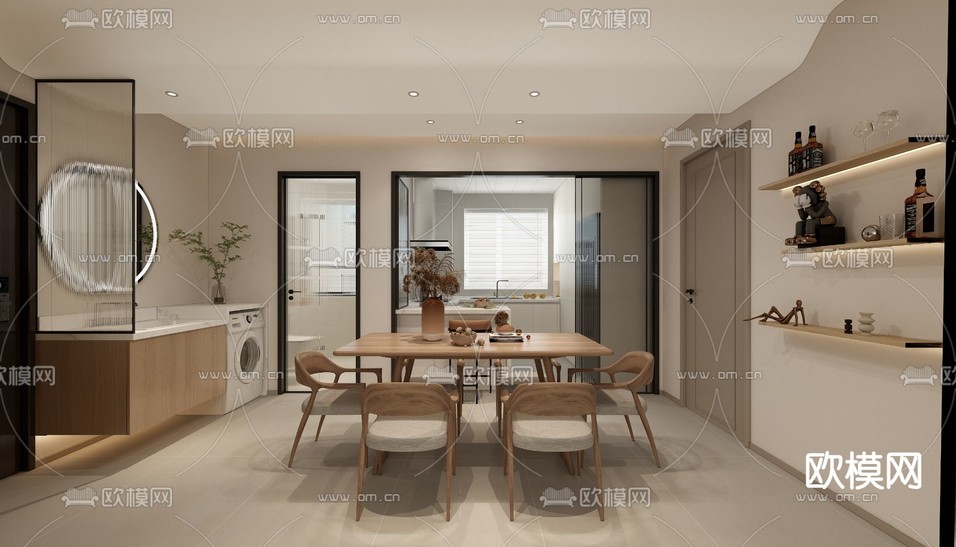 奶油风客厅 餐厅免费3d模型下载_ID14253003_3dmax免费模型-欧模网