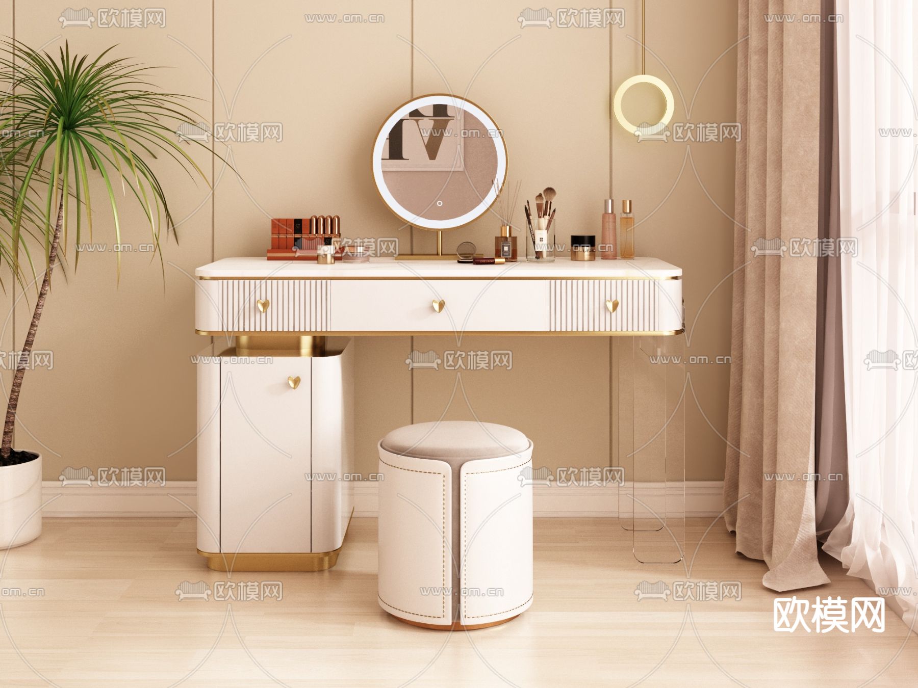 奶油风梳妆台 化妆桌3d模型下载（渲染图1）