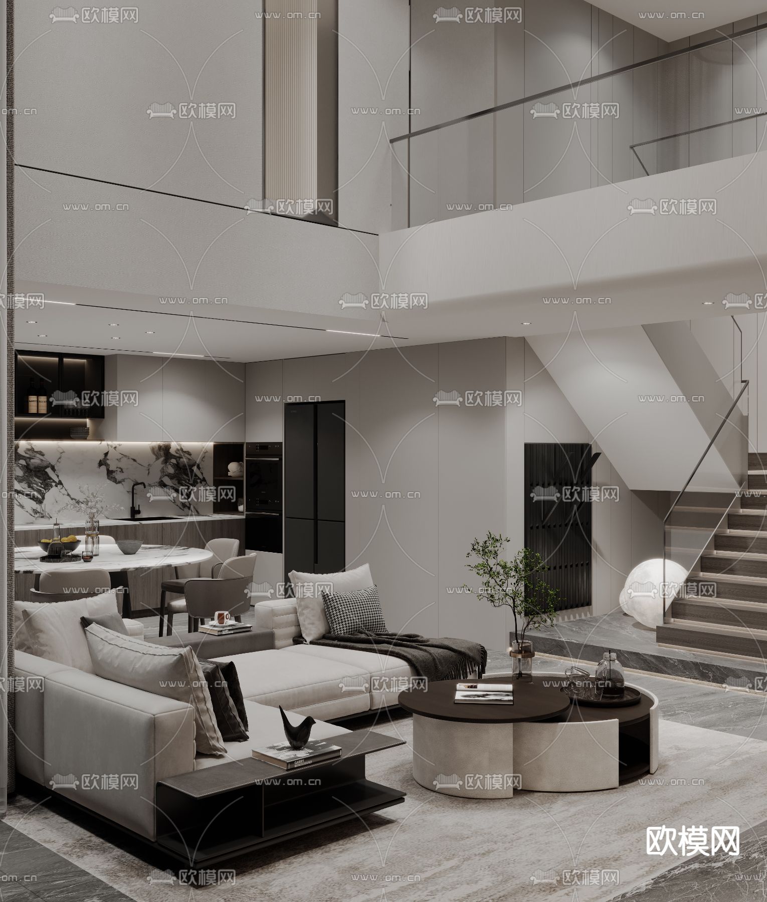 别墅客厅 高级灰别墅3d模型下载（渲染图6）