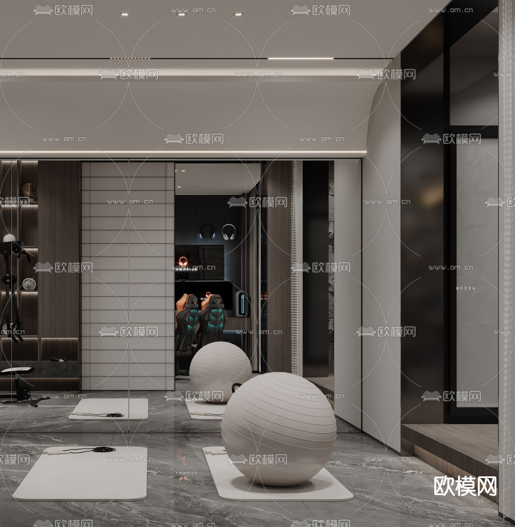 别墅地下室 健身房3d模型下载（渲染图2）