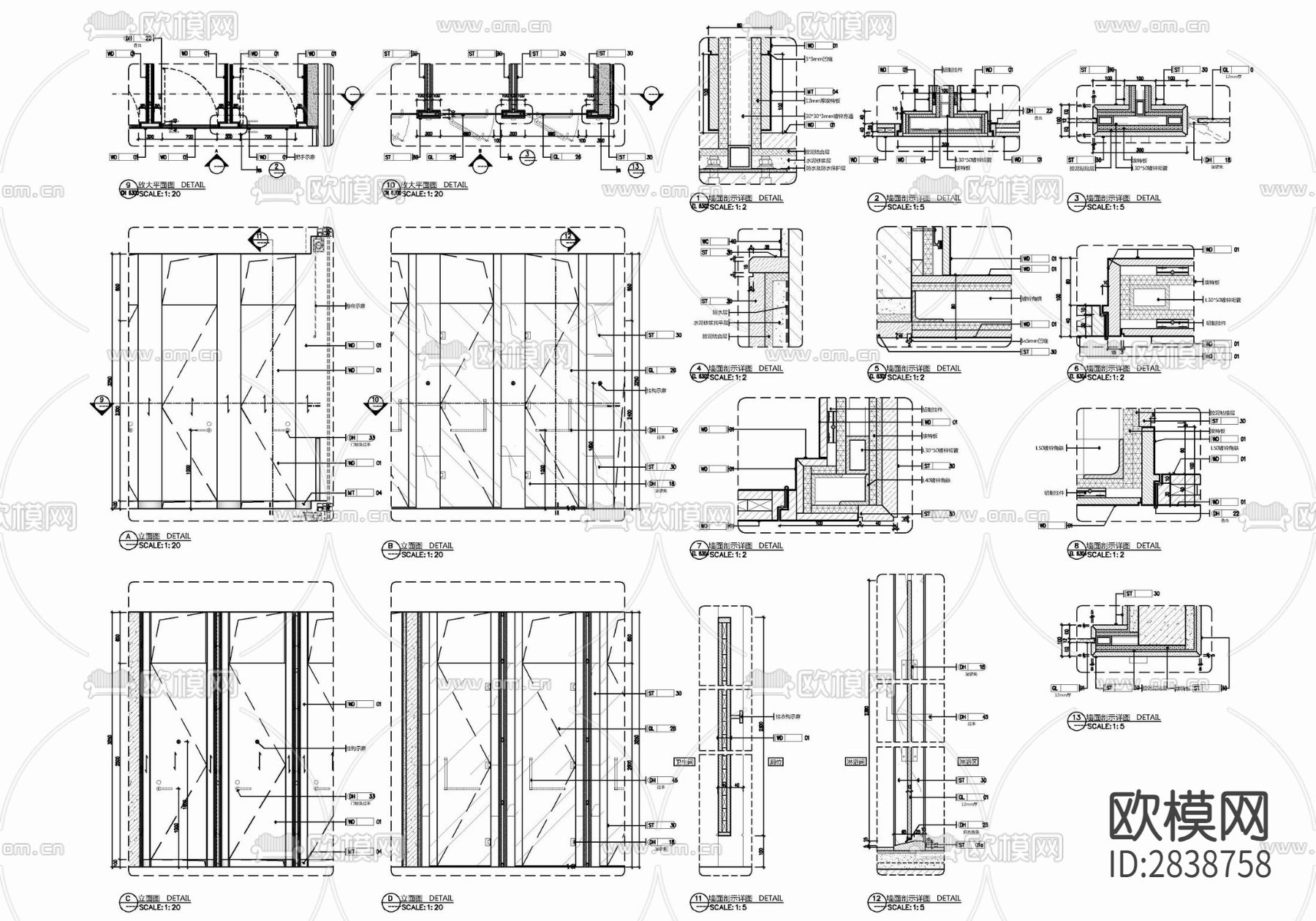 SPA康体更衣室卫生间施工详图 更衣室 卫生间 桑拿 干蒸cad施工图下载（渲染图9）