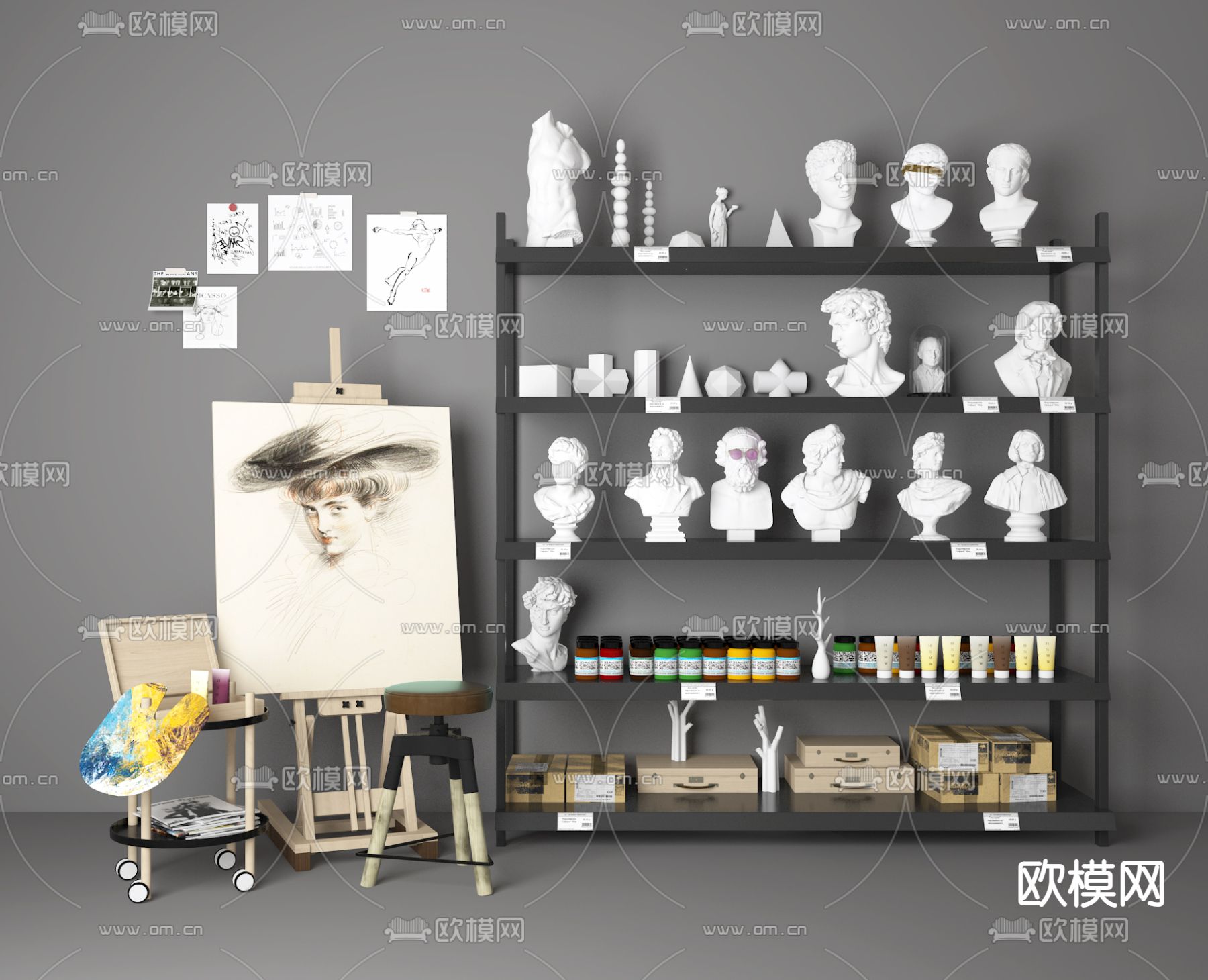 美术用品 石膏像 画具 画板 颜料3d模型下载