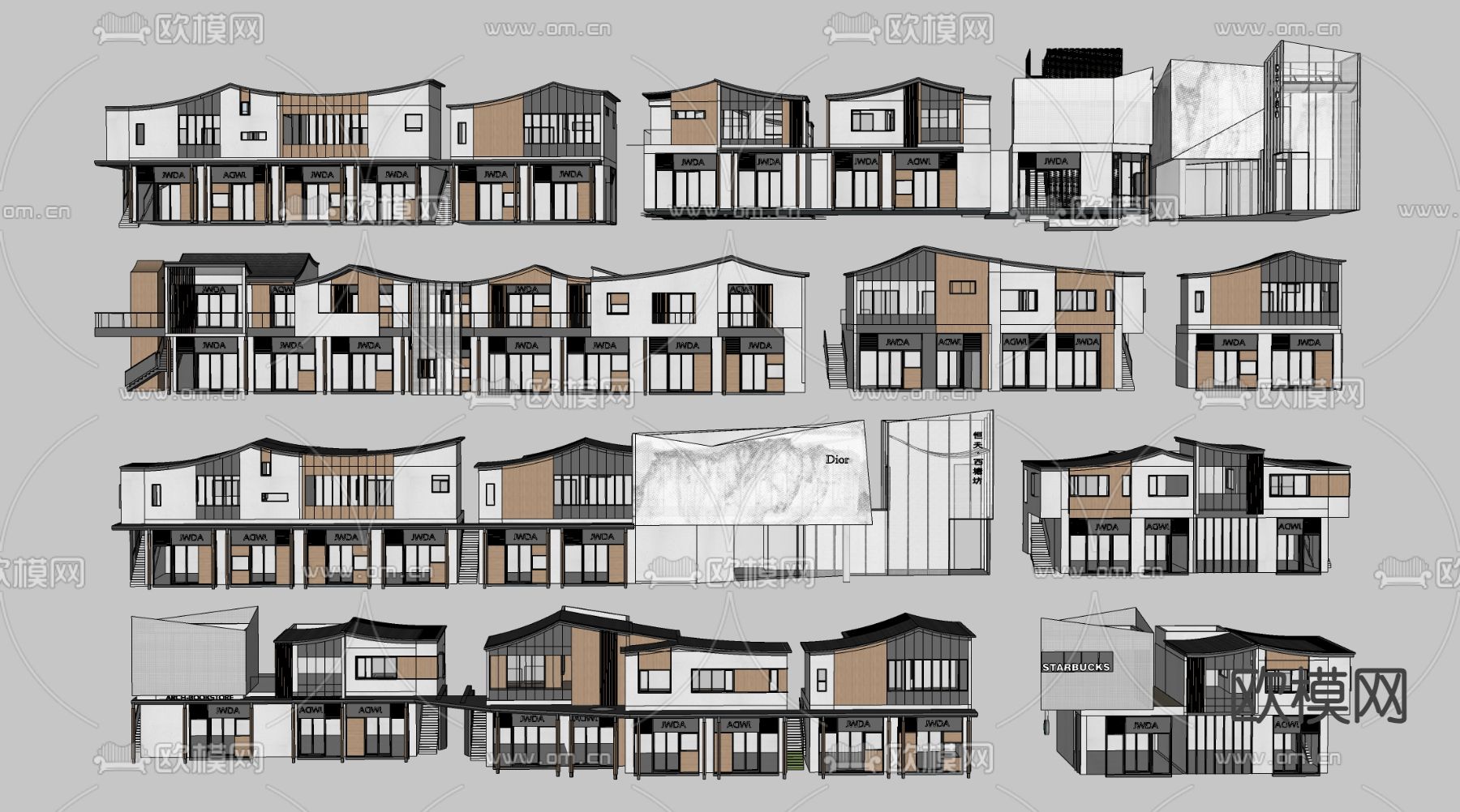 新中式商业建筑 商铺建筑su模型下载（渲染图2）