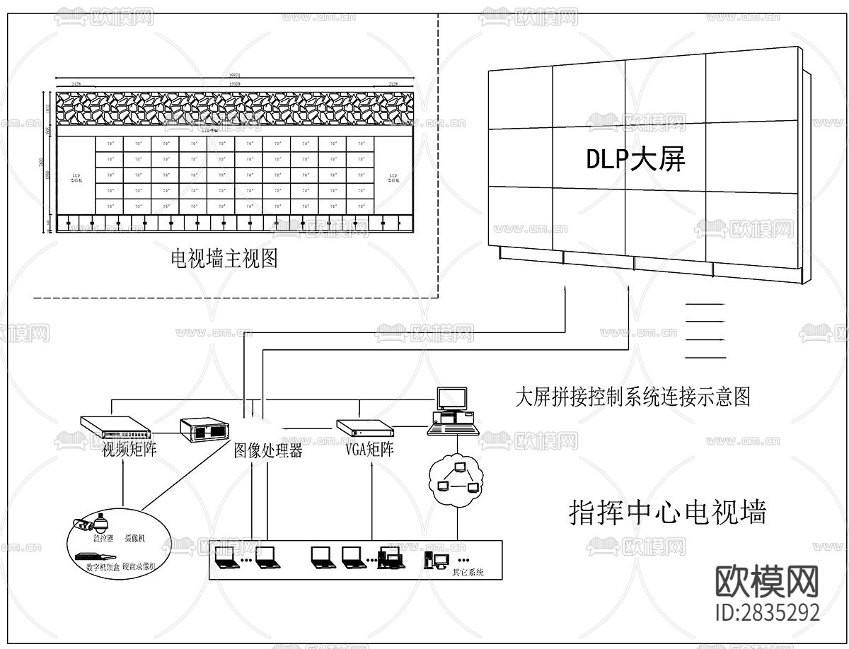 大屏拼接控制系统连接示意图cad大样图下载（渲染图2）