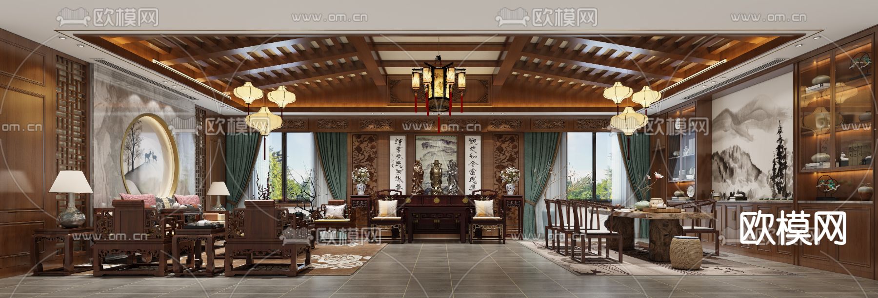 中式会客厅 接待室3d模型下载（渲染图1）