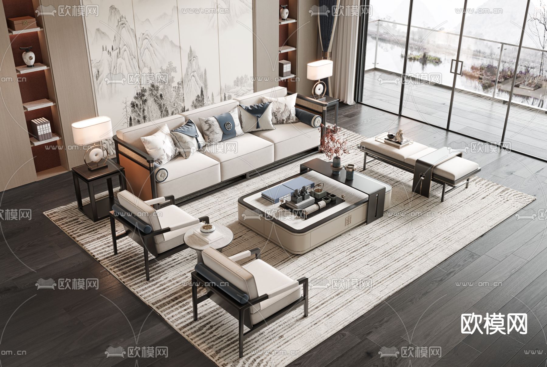 新中式组合沙发3d模型下载（渲染图1）