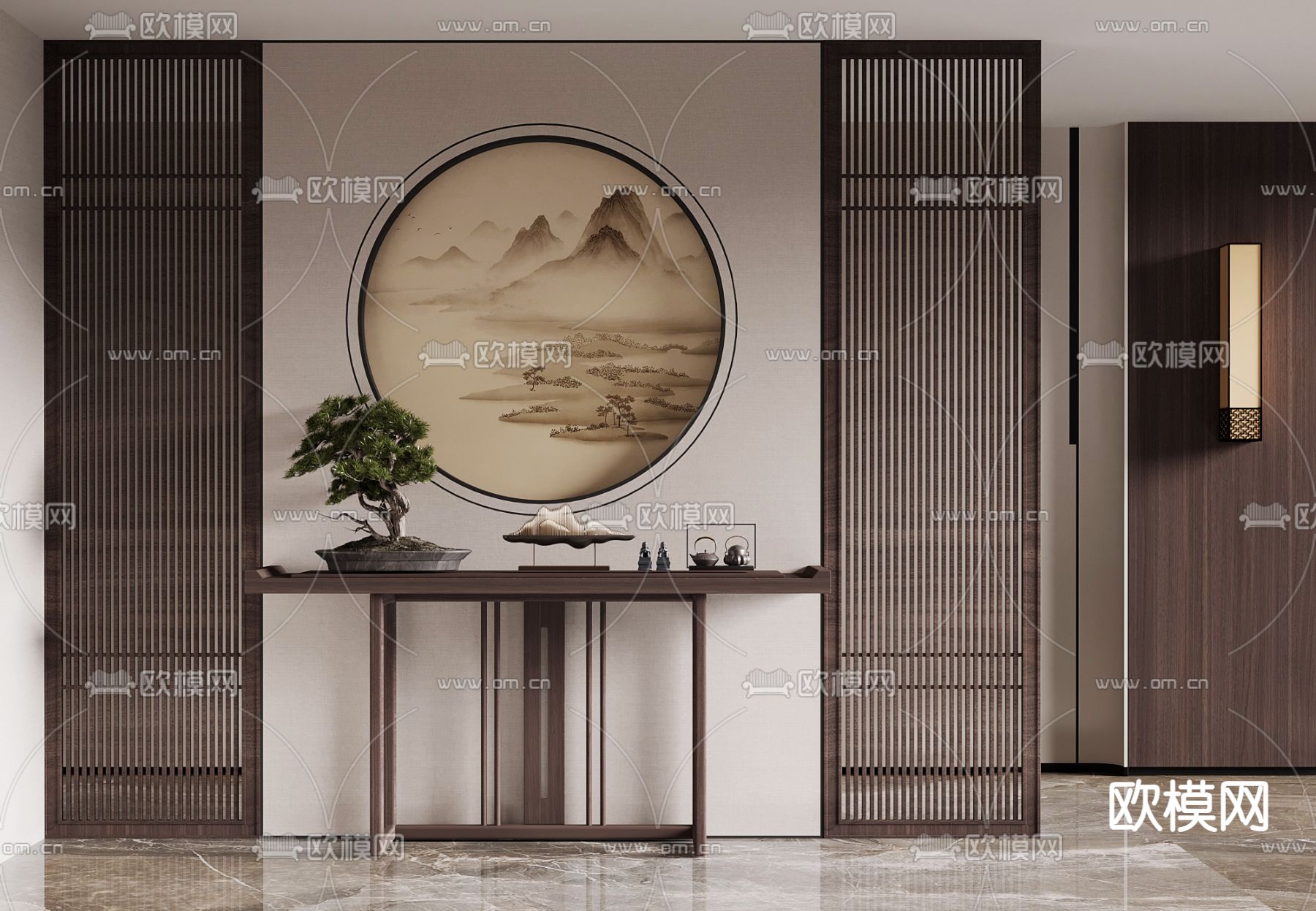 新中式端景台 条案 隔断墙 花格3d模型下载