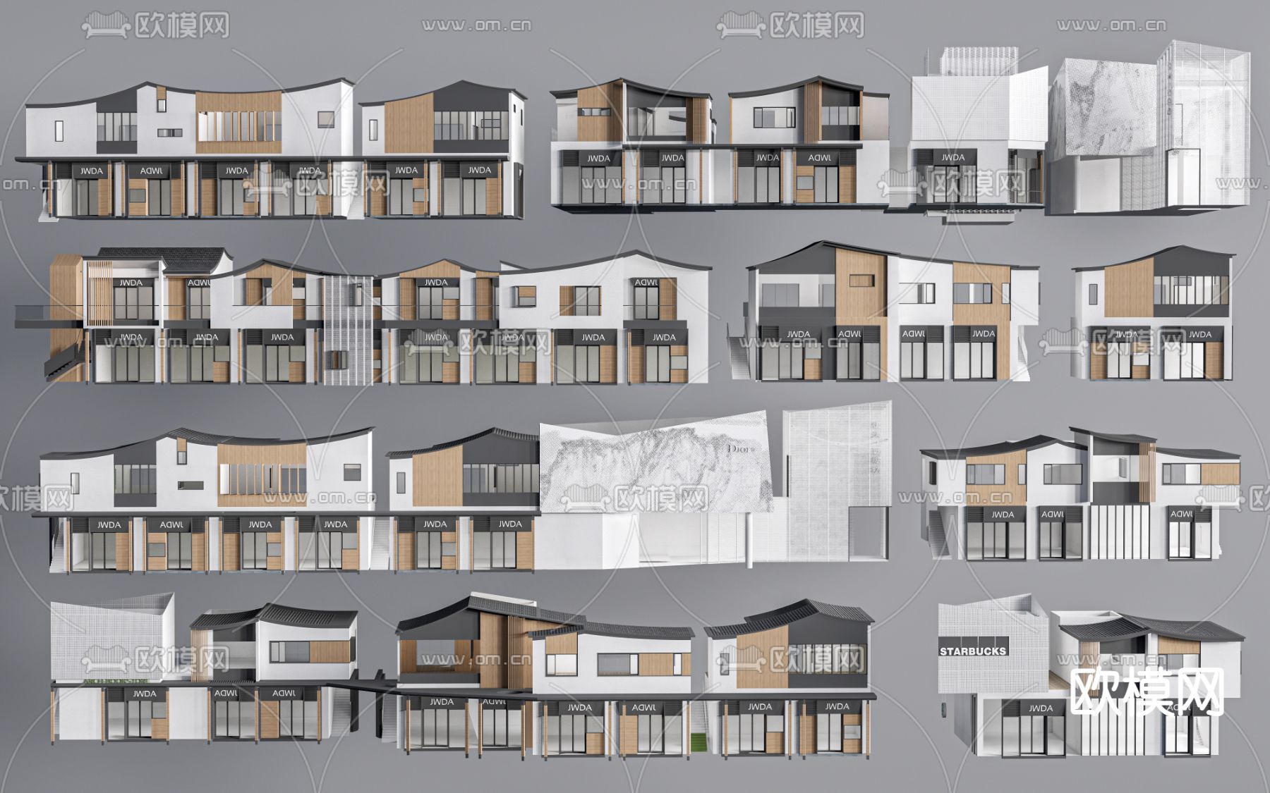新中式商业建筑 商铺建筑su模型下载（渲染图1）