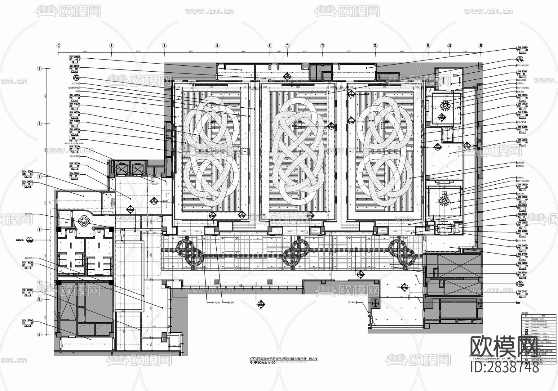 2300㎡宴会婚宴餐厅室内施工图 宴会厅 VIP接待 新娘房cad施工图下载（渲染图3）