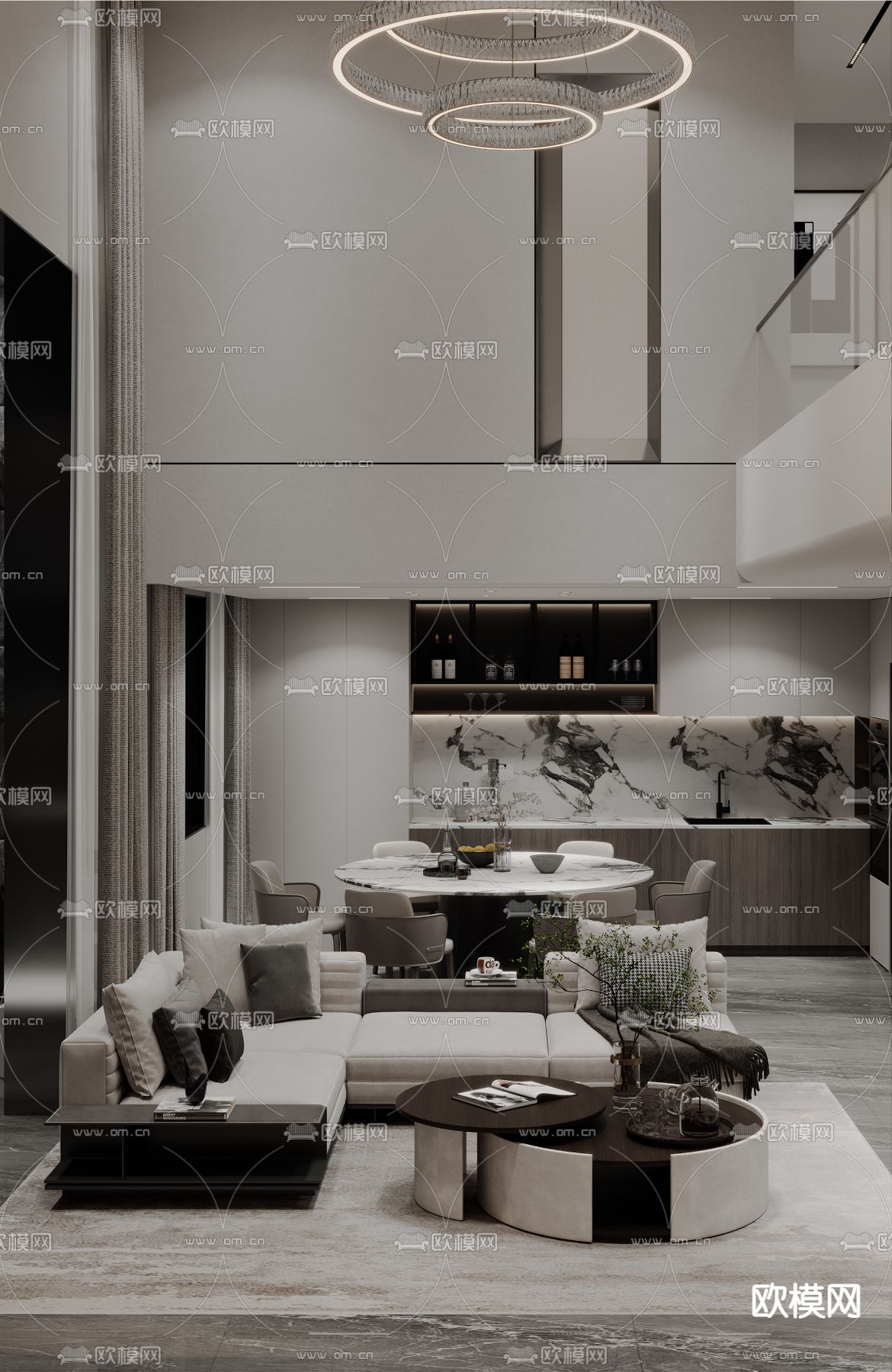 别墅客厅 高级灰别墅3d模型下载（渲染图1）