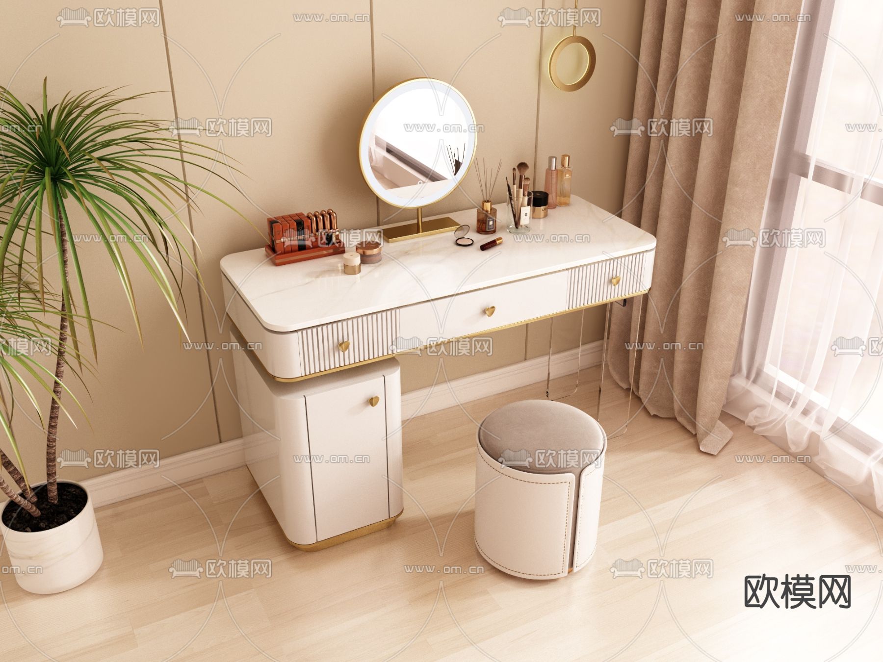 奶油风梳妆台 化妆桌3d模型下载（渲染图2）