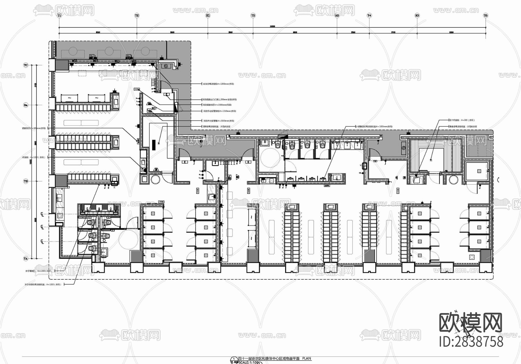 SPA康体更衣室卫生间施工详图 更衣室 卫生间 桑拿 干蒸cad施工图下载（渲染图3）