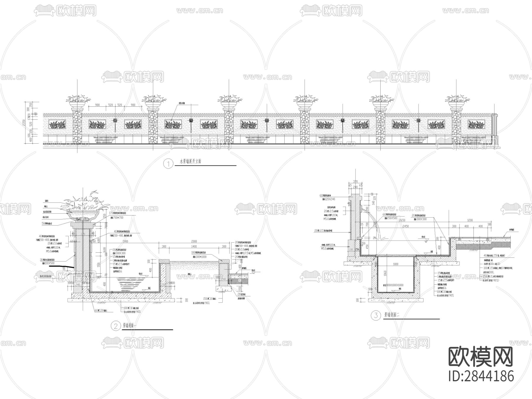 园林景墙节点大样图下载（渲染图1）