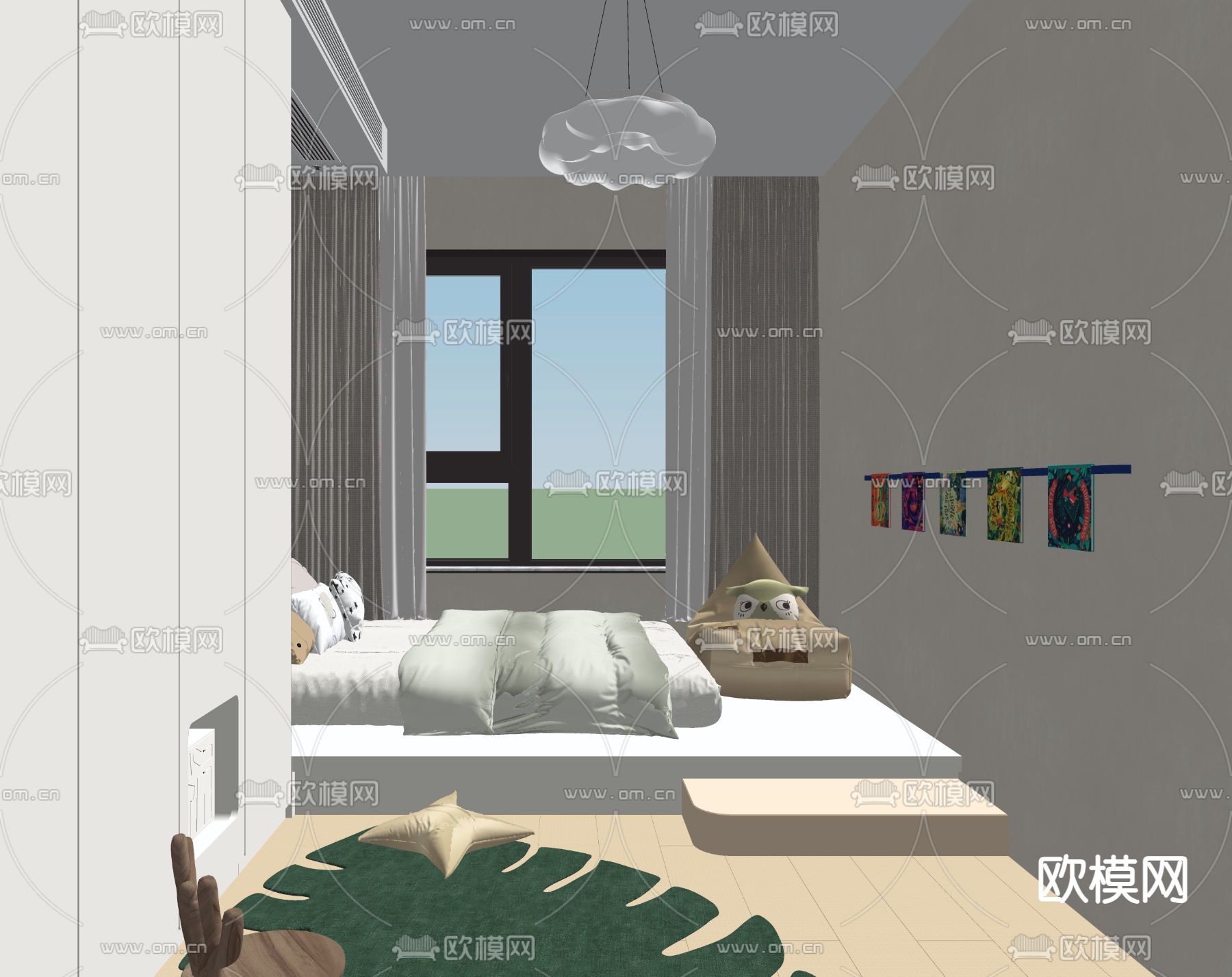 奶油风儿童房su模型下载（渲染图2）