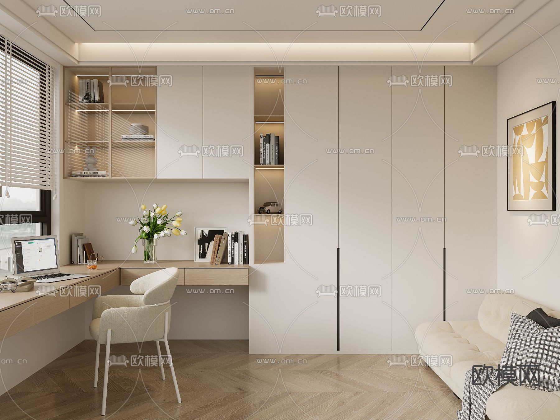 奶油风书房 学习房3d模型下载