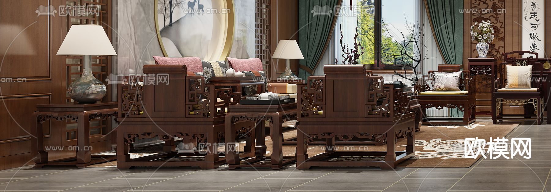 中式会客厅 接待室3d模型下载（渲染图3）