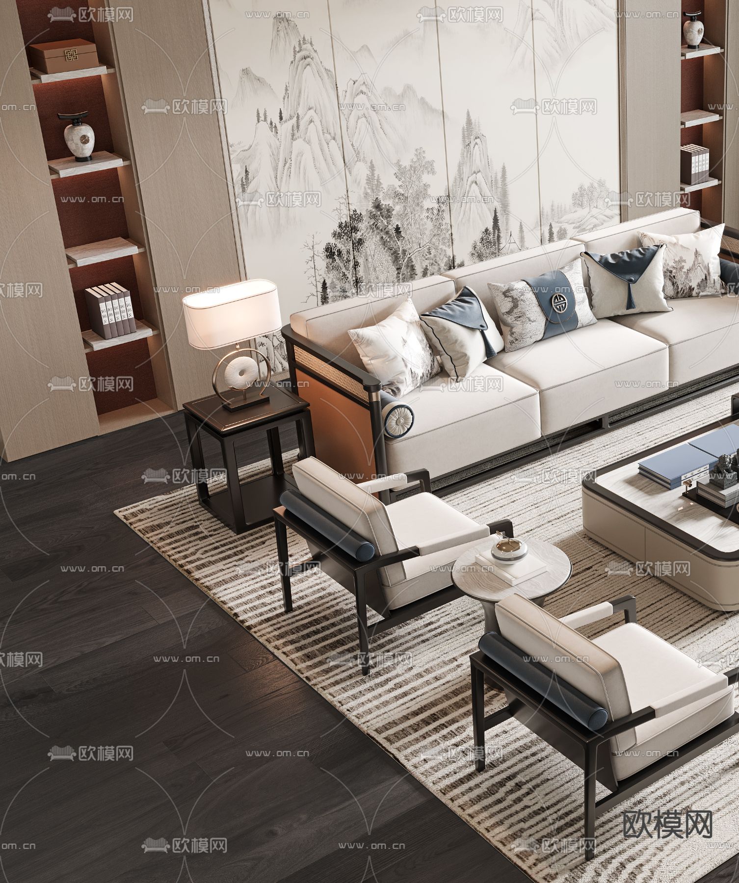 新中式组合沙发3d模型下载（渲染图2）