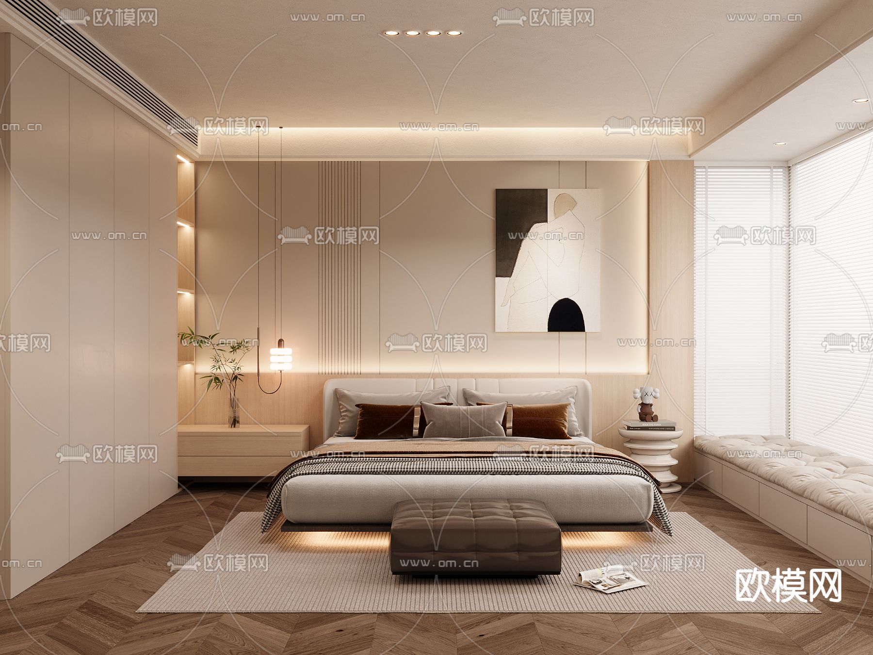 奶油风卧室 主人房3d模型下载