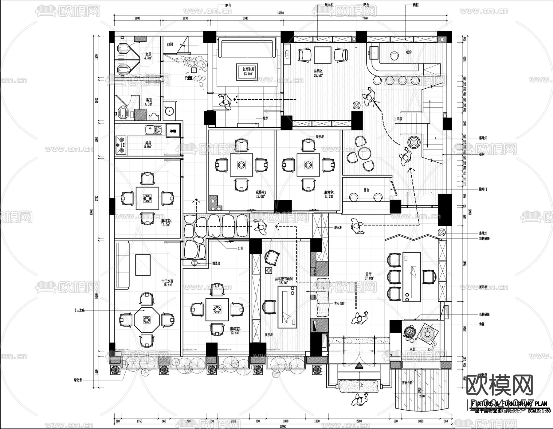 天畞茶叶 茶楼混搭风格CAD施工图下载（渲染图3）
