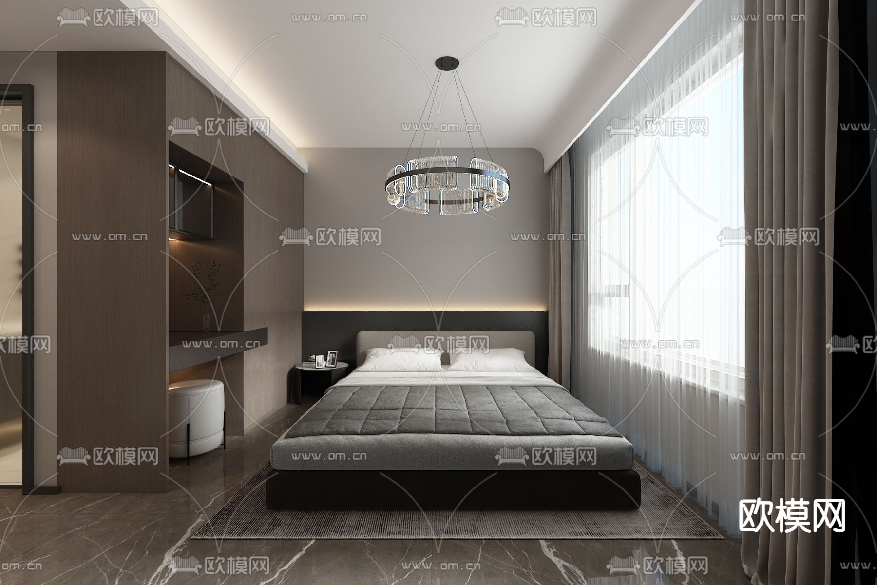 高级灰卧室 主卧免费3d模型下载（渲染图1）