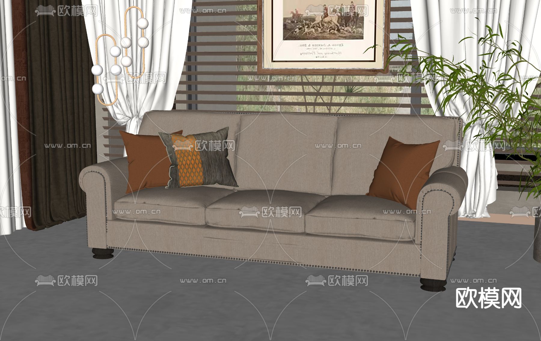 美式多人沙发su模型下载（渲染图2）