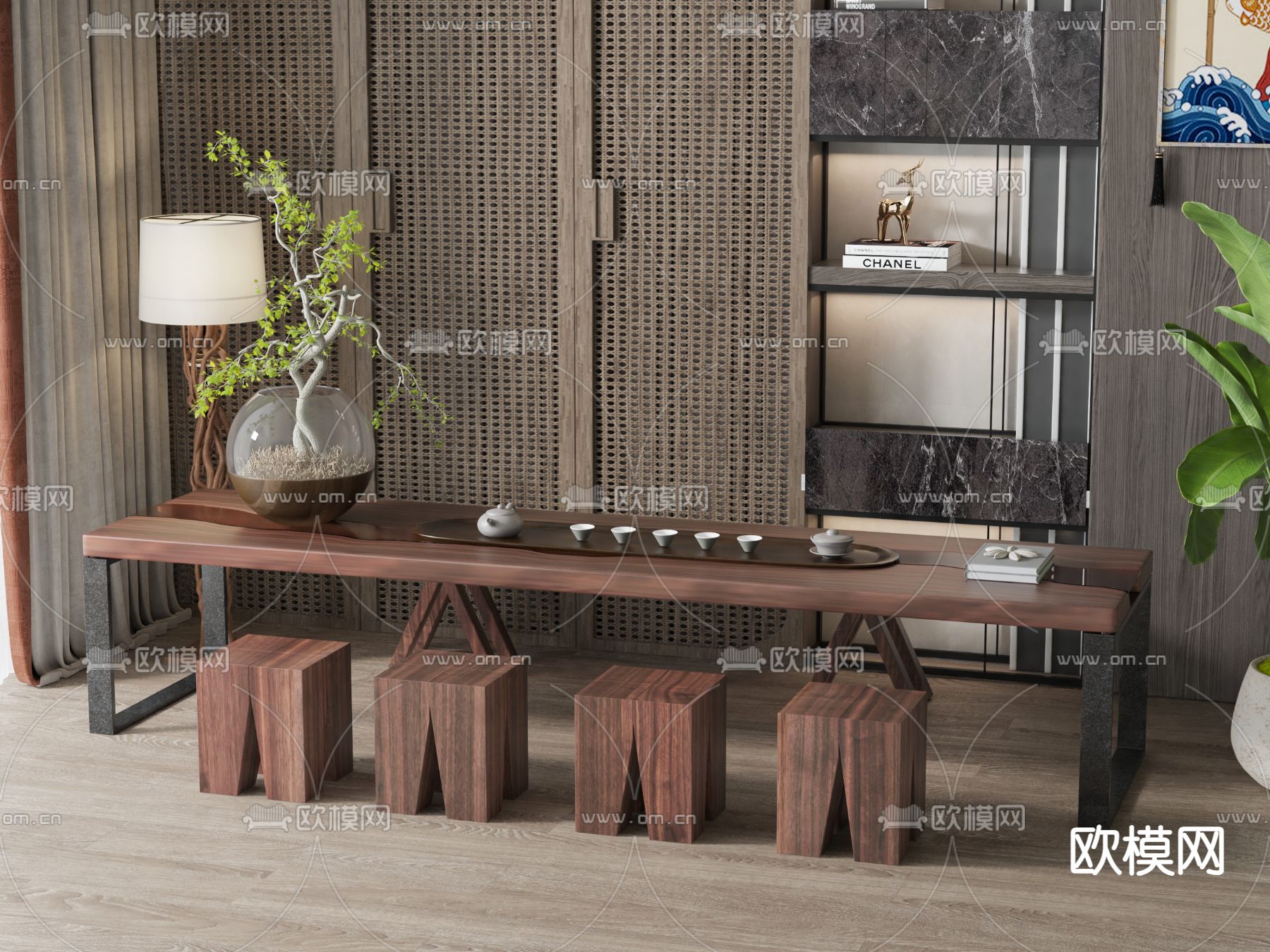 新中式茶桌椅su模型下载（渲染图1）