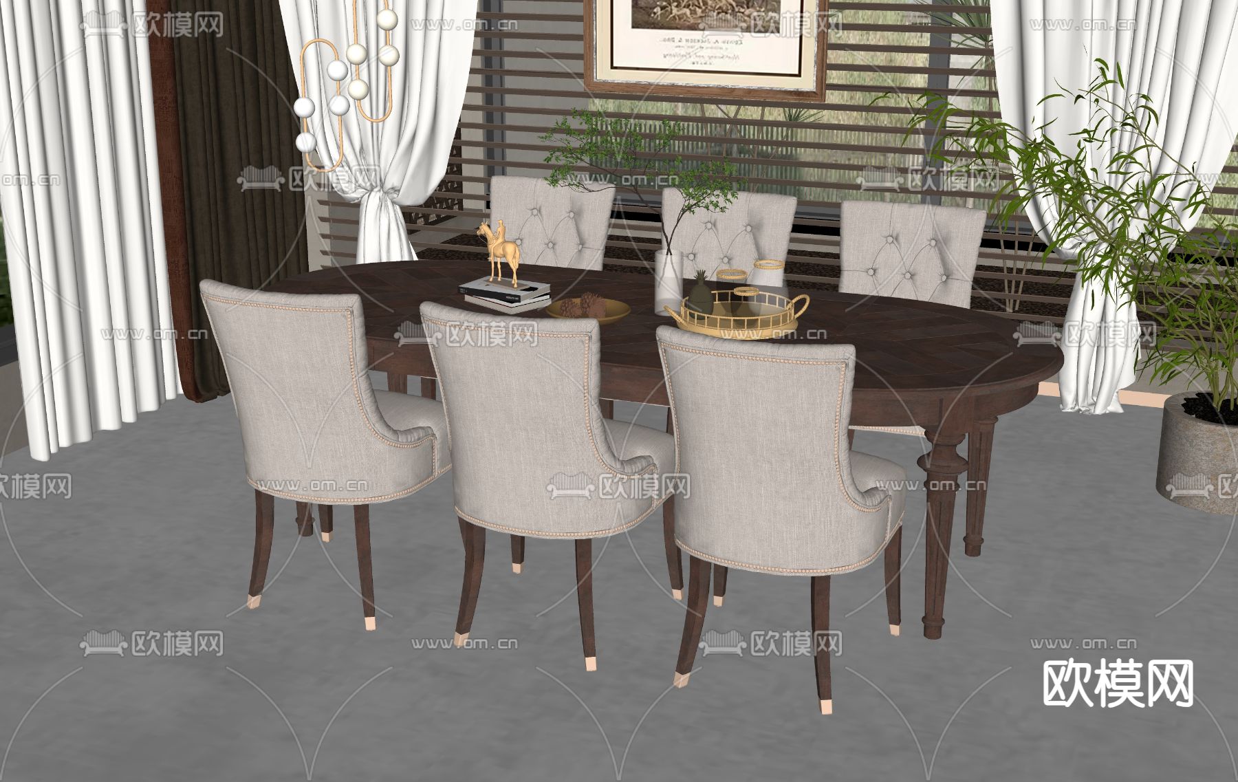 美式餐桌椅su模型下载（渲染图2）