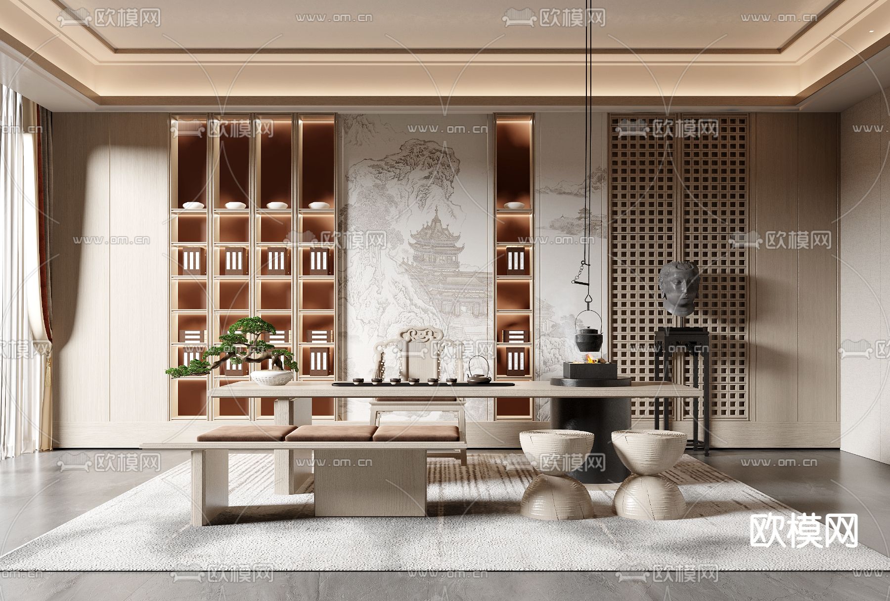 新中式茶室su模型下载_ID14274661_sketchup模型下载-欧模网