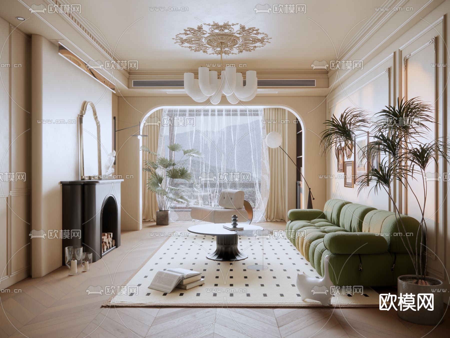 法式客厅su模型下载（渲染图1）