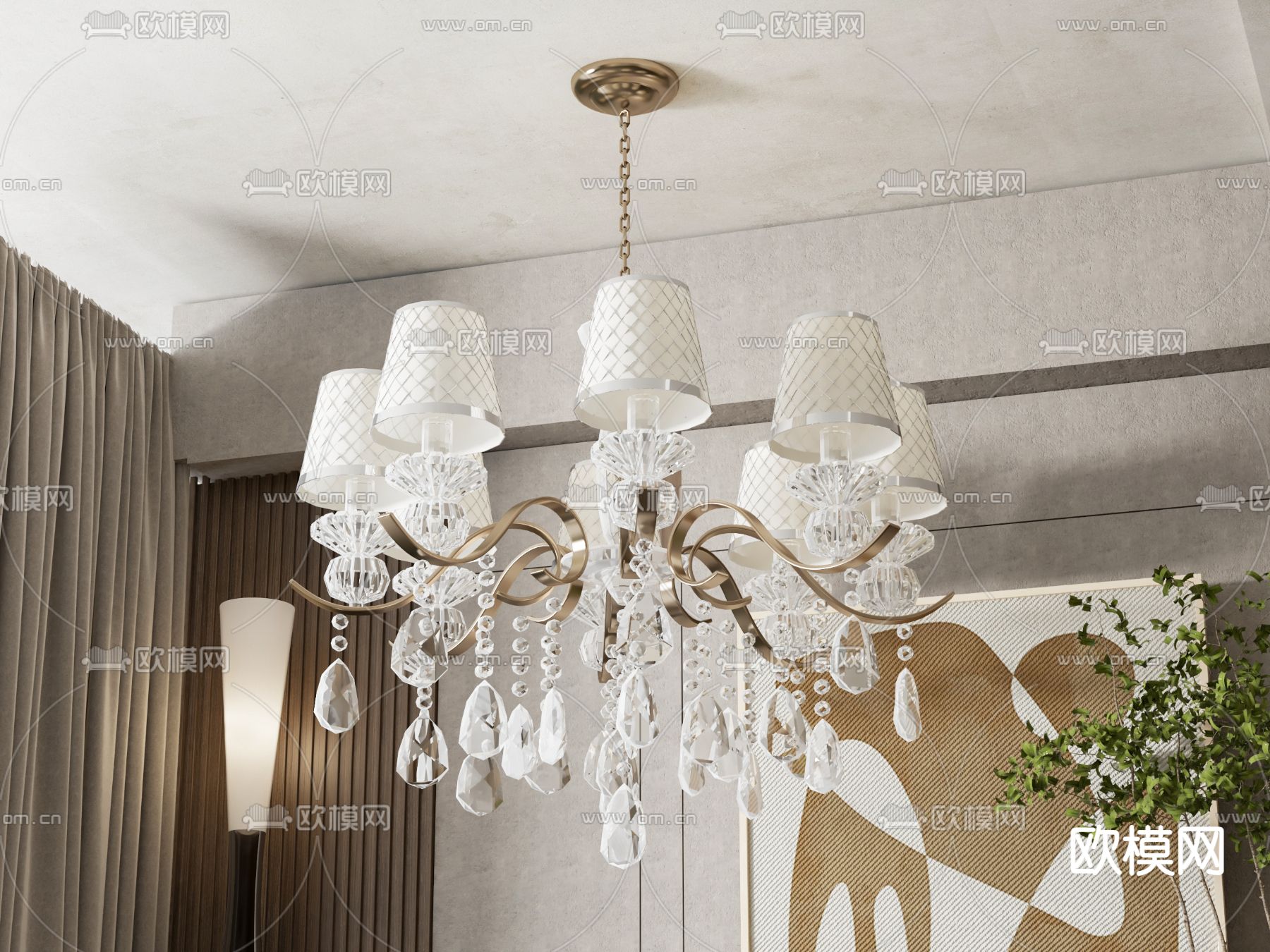 美式多头吊灯su模型下载（渲染图1）