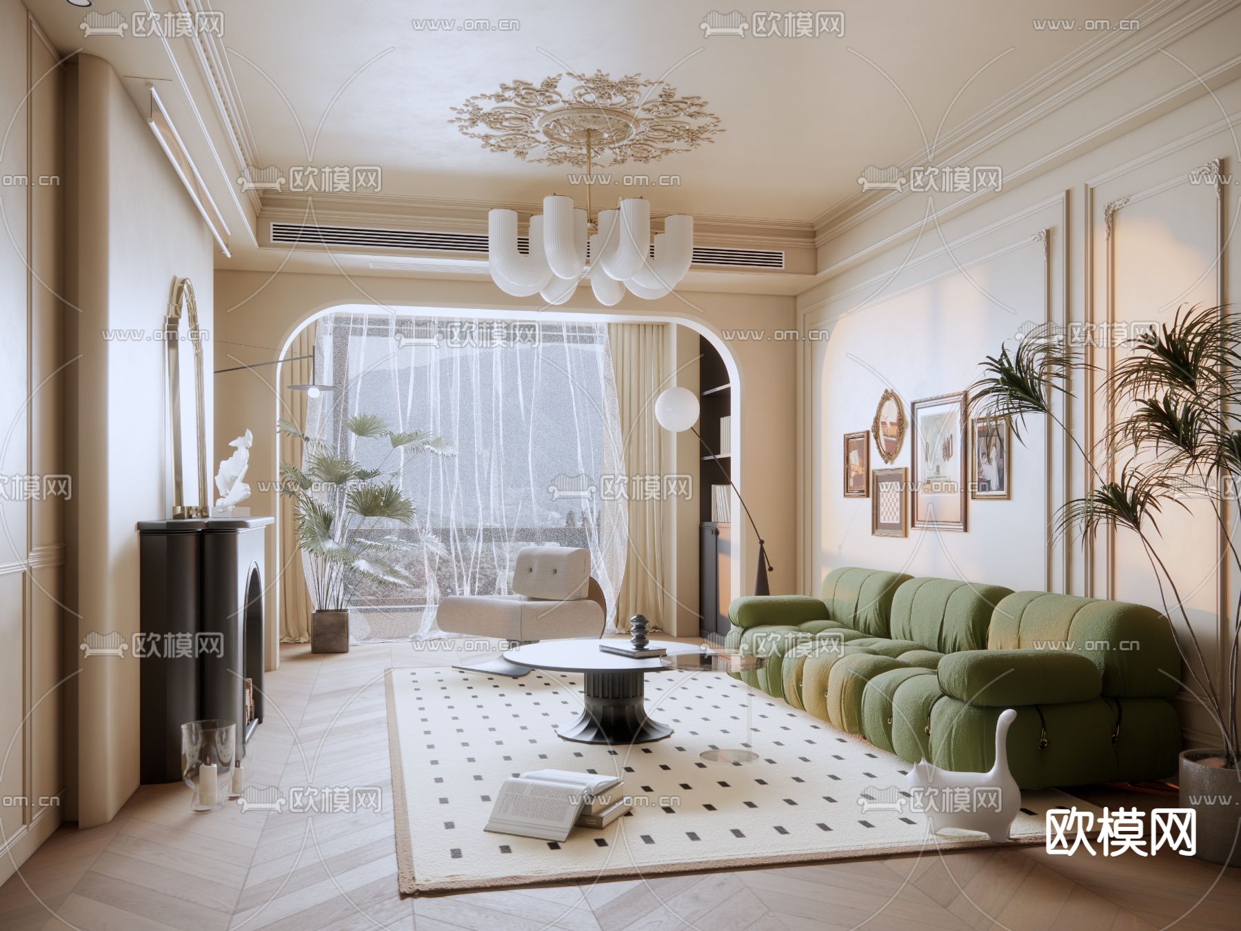 法式客厅su模型下载（渲染图2）