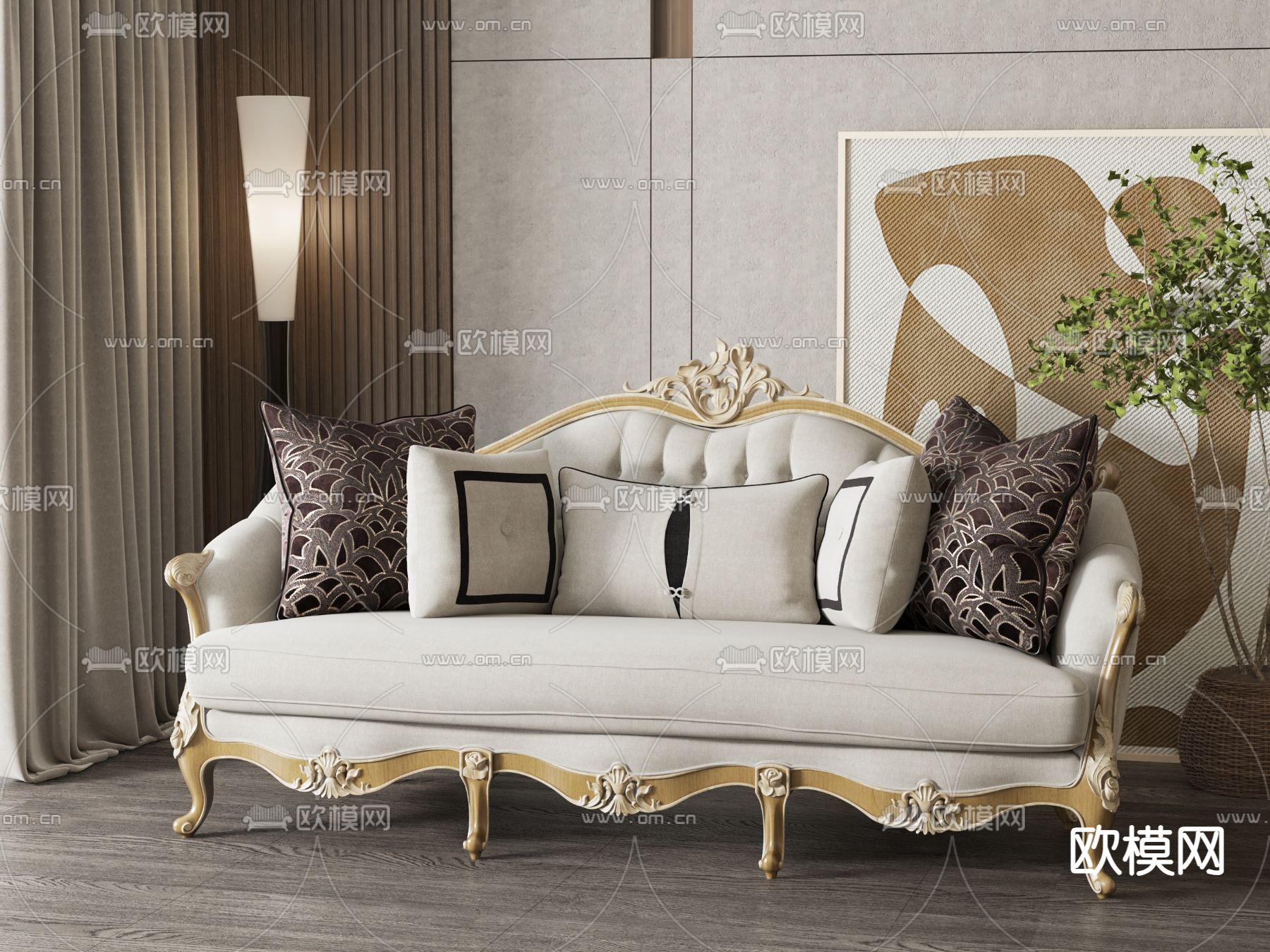 美式双人沙发su模型下载（渲染图1）