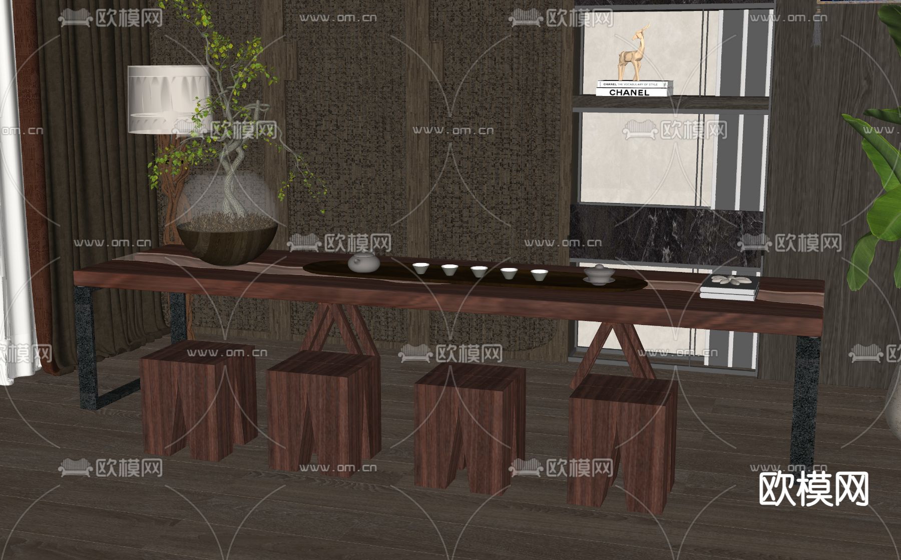 新中式茶桌椅su模型下载（渲染图2）