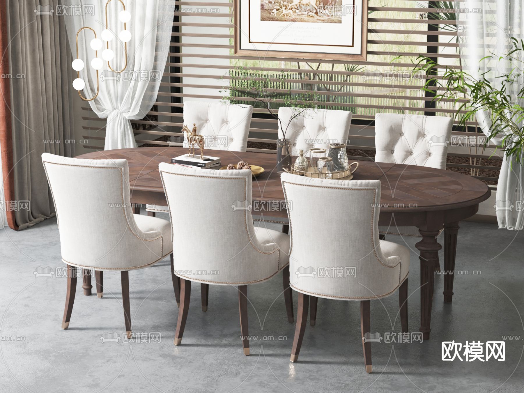 美式餐桌椅su模型下载（渲染图1）