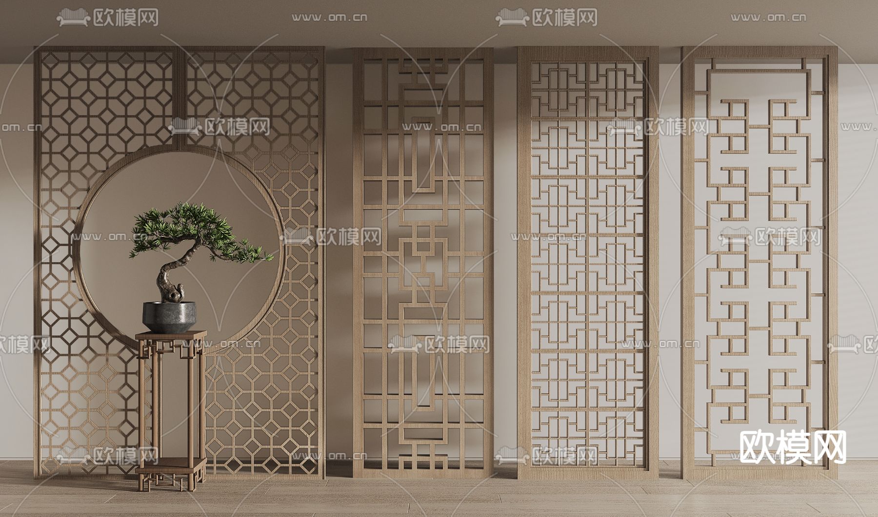 新中式屏风 月亮门隔断3d模型下载