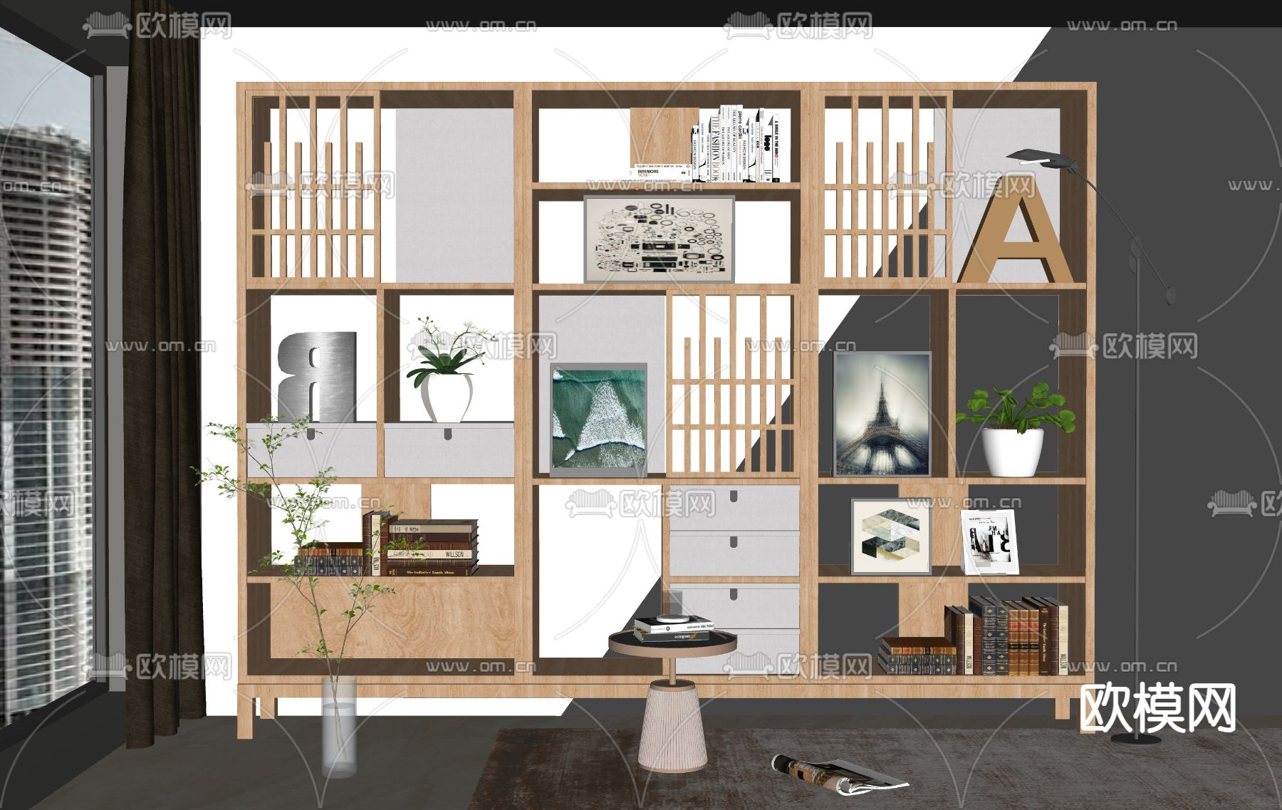 简欧书柜su模型下载（渲染图2）