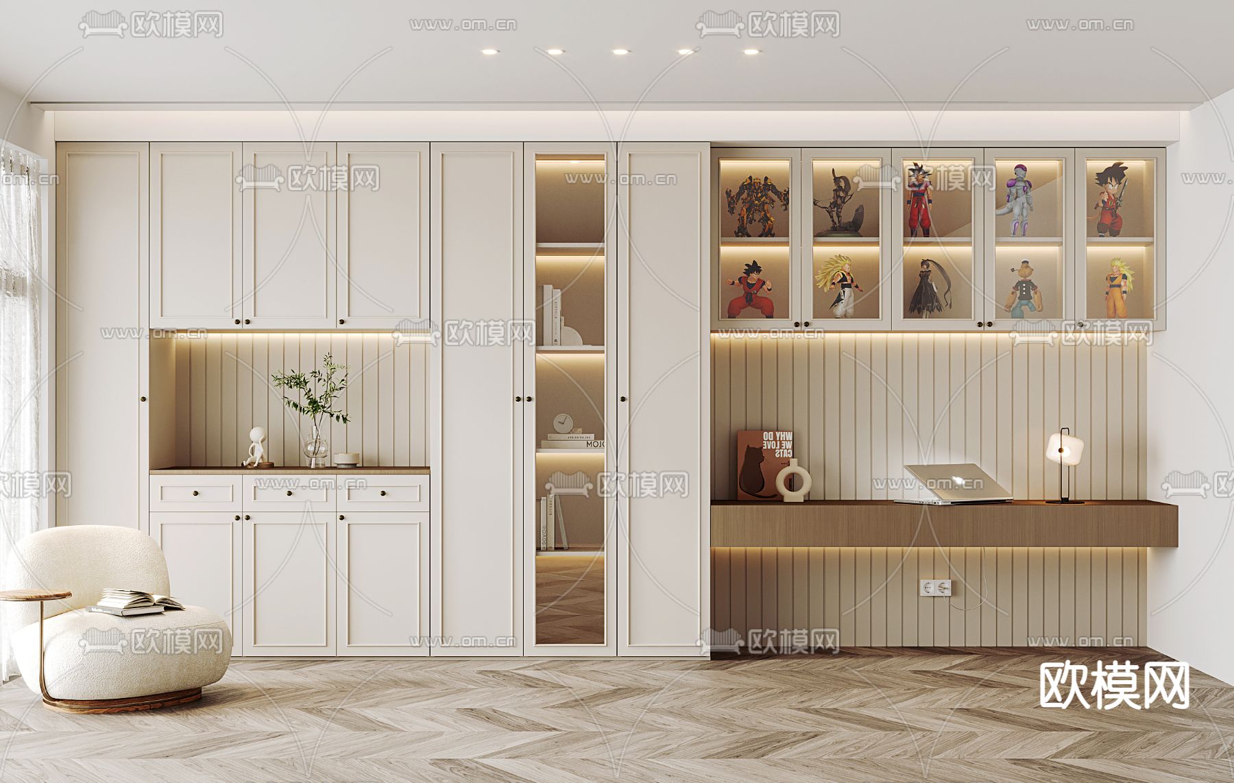 简欧书柜su模型下载（渲染图1）