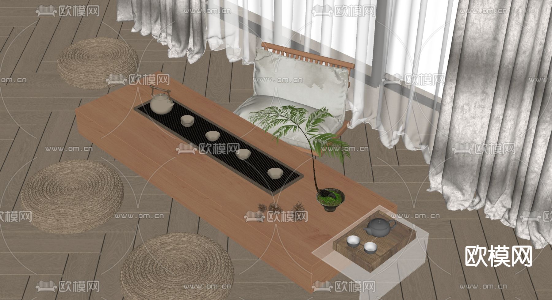 日式茶桌椅su模型下载（渲染图2）