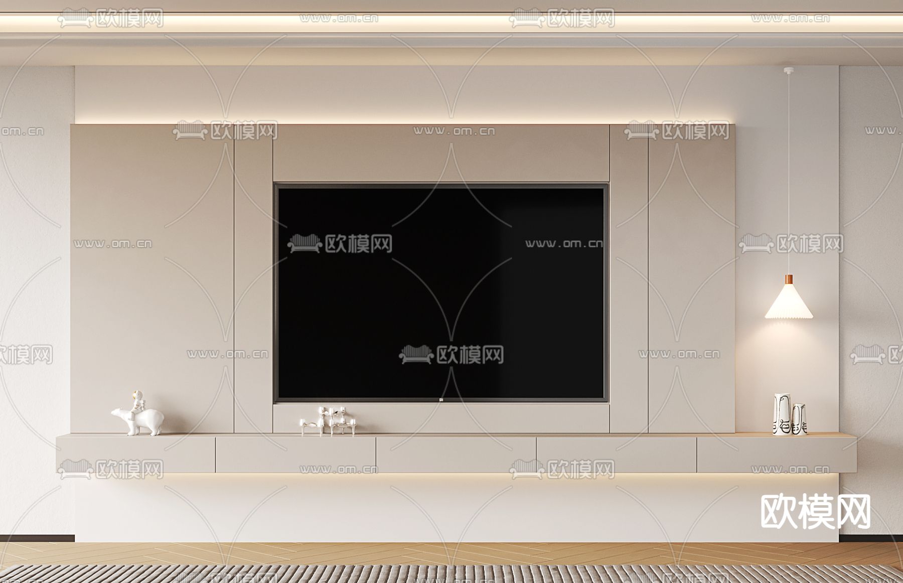 奶油风电视背景墙su模型下载（渲染图1）