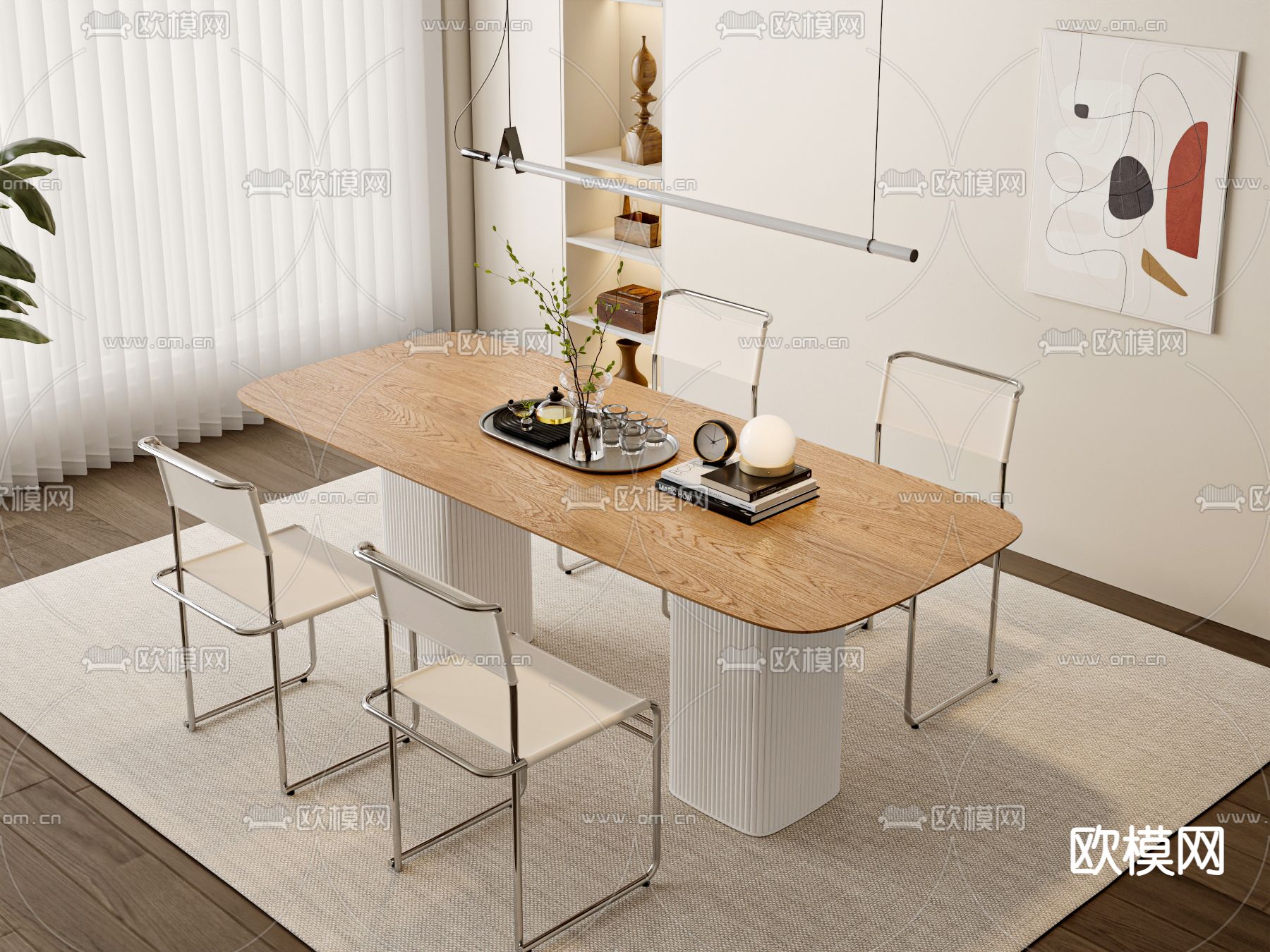 奶油风餐桌椅su模型下载（渲染图1）