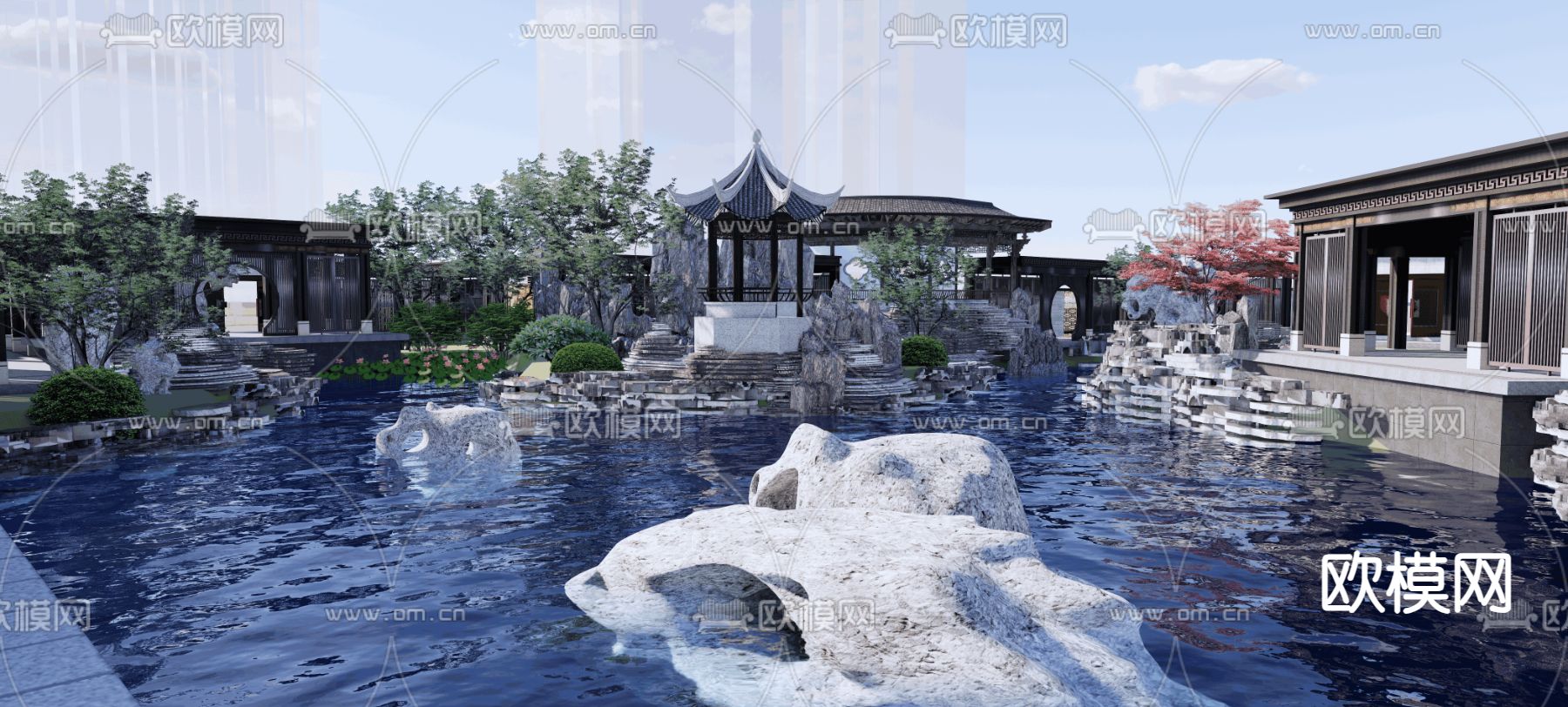 中式景观示范区su模型下载（渲染图3）