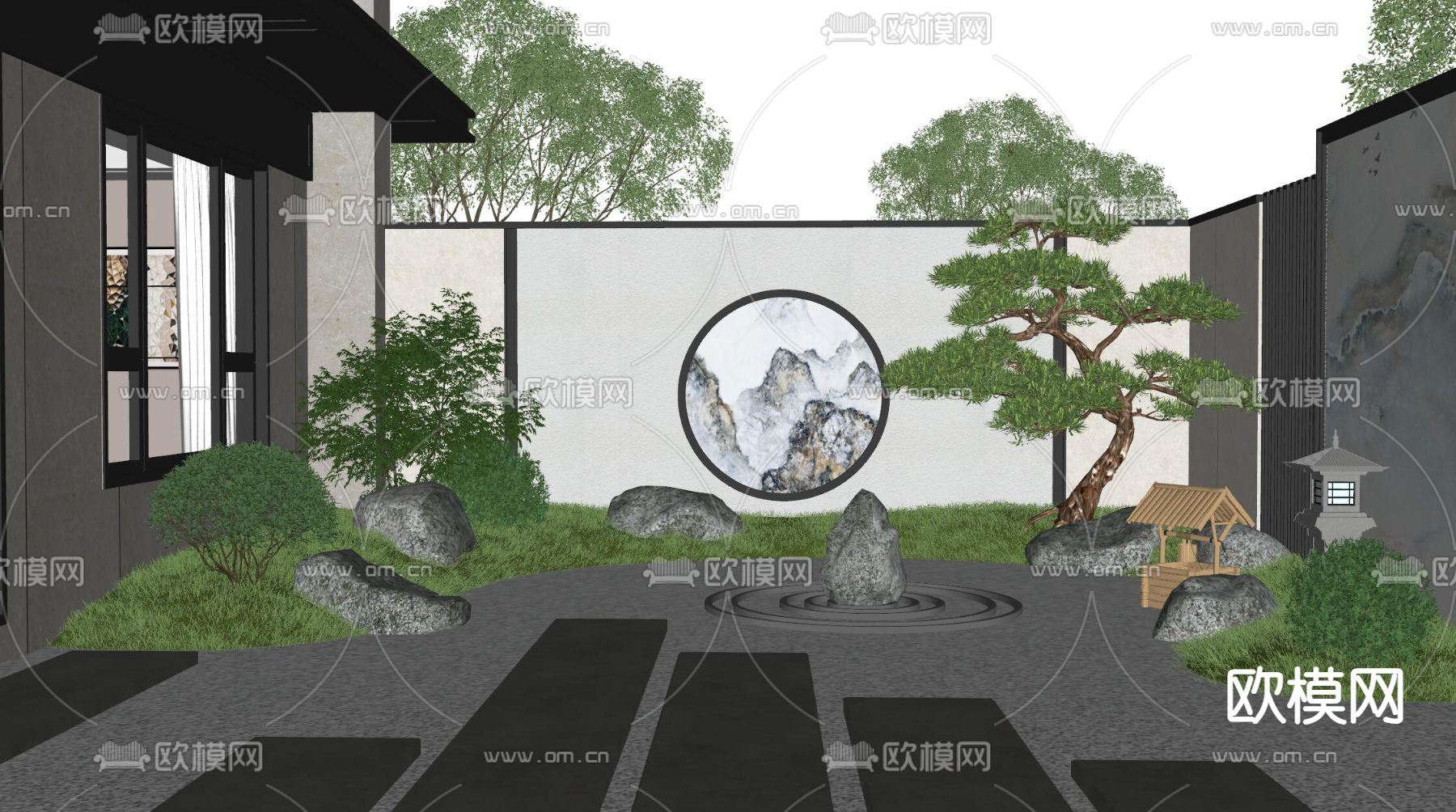 新中式庭院景观su模型下载（渲染图2）