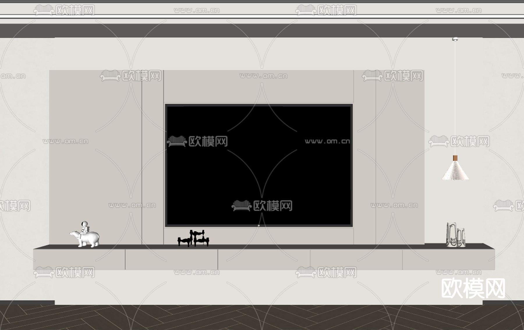 奶油风电视背景墙su模型下载（渲染图2）