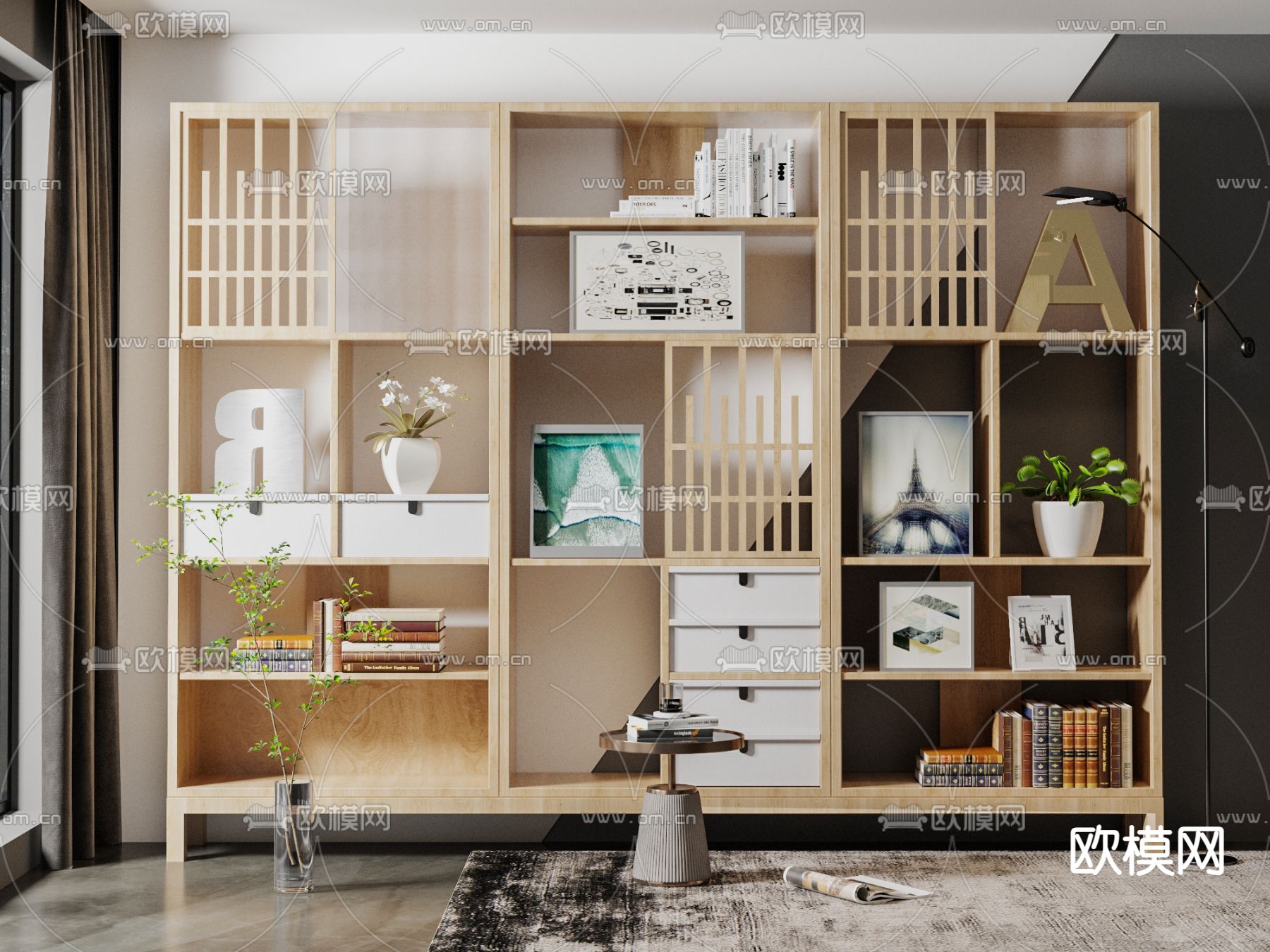 简欧书柜su模型下载（渲染图1）