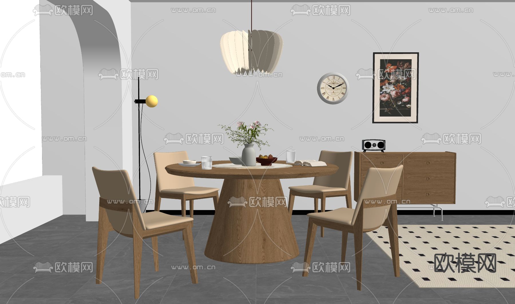 奶油风餐桌椅su模型下载（渲染图3）